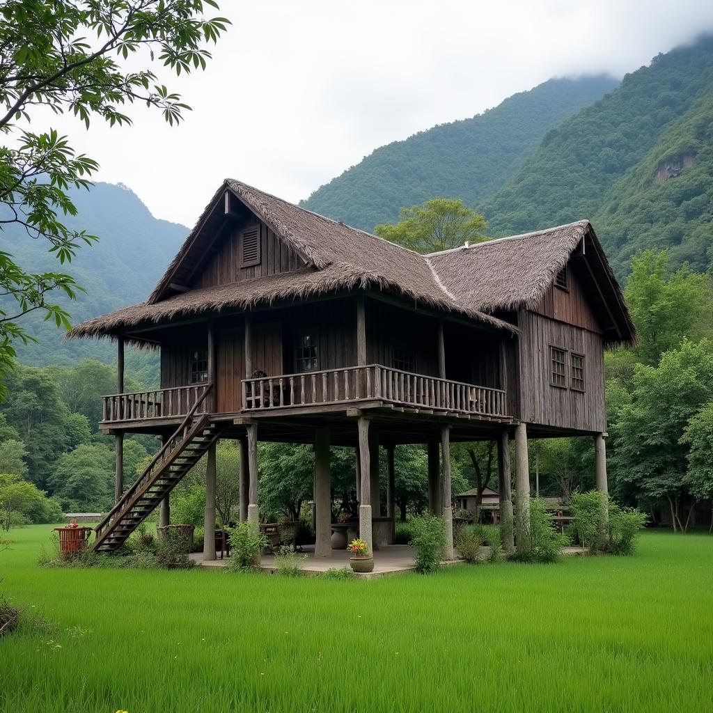 Ngôi nhà sàn truyền thống của người dân tộc Tày tại Xã Trung Hội, Tỉnh Thái Nguyên, được dựng bằng gỗ, mái lá, nằm yên bình giữa khung cảnh núi rừng xanh tươi.