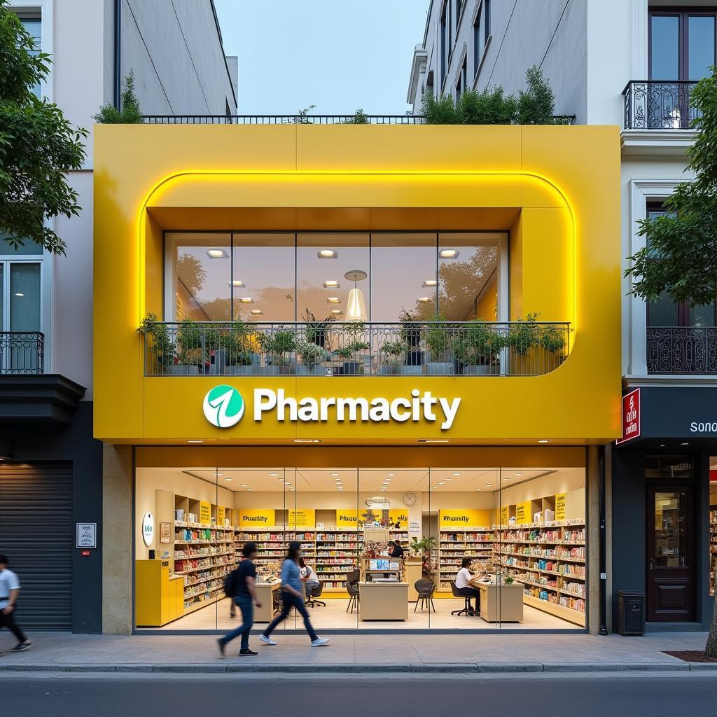 Hình ảnh nhà thuốc Pharmacity 204 Gò Xoài, Bình Tân với bảng hiệu màu vàng đặc trưng trên mặt đường