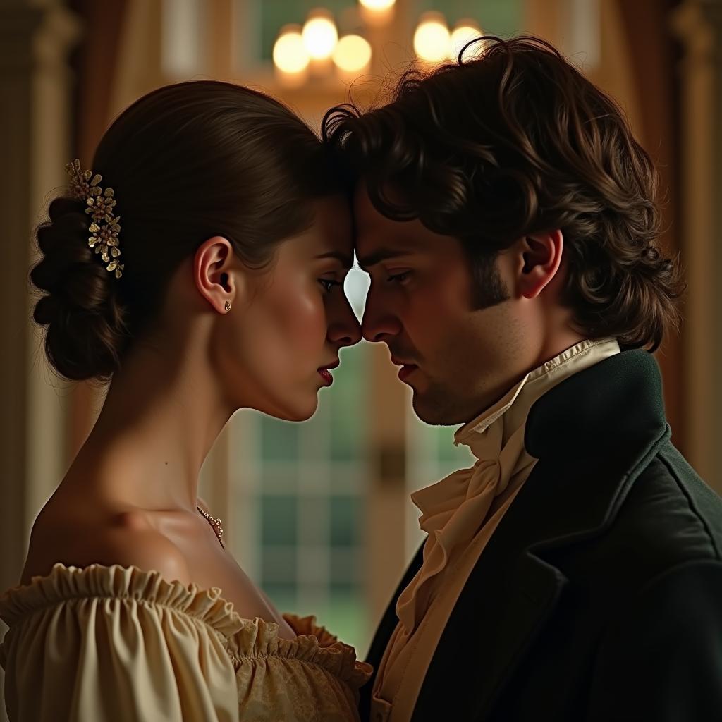 Hình ảnh Elizabeth Bennet và Mr. Darcy trong một cảnh phim lãng mạn của Kiêu hãnh và định kiến
