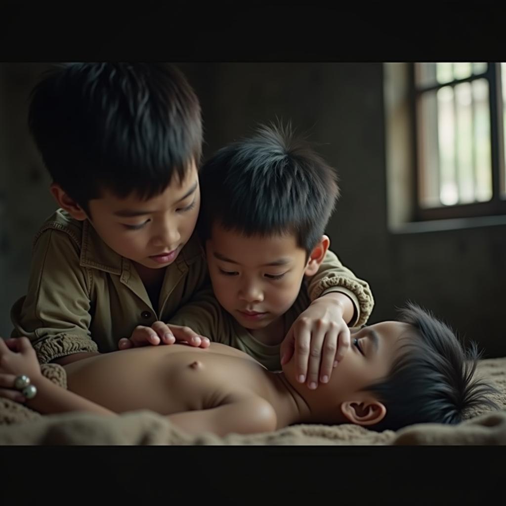 Nhân vật Thiều đang ân cần chăm sóc cho người em trai là Tường trong tác phẩm Tôi Thấy Hoa Vàng Trên Cỏ Xanh
