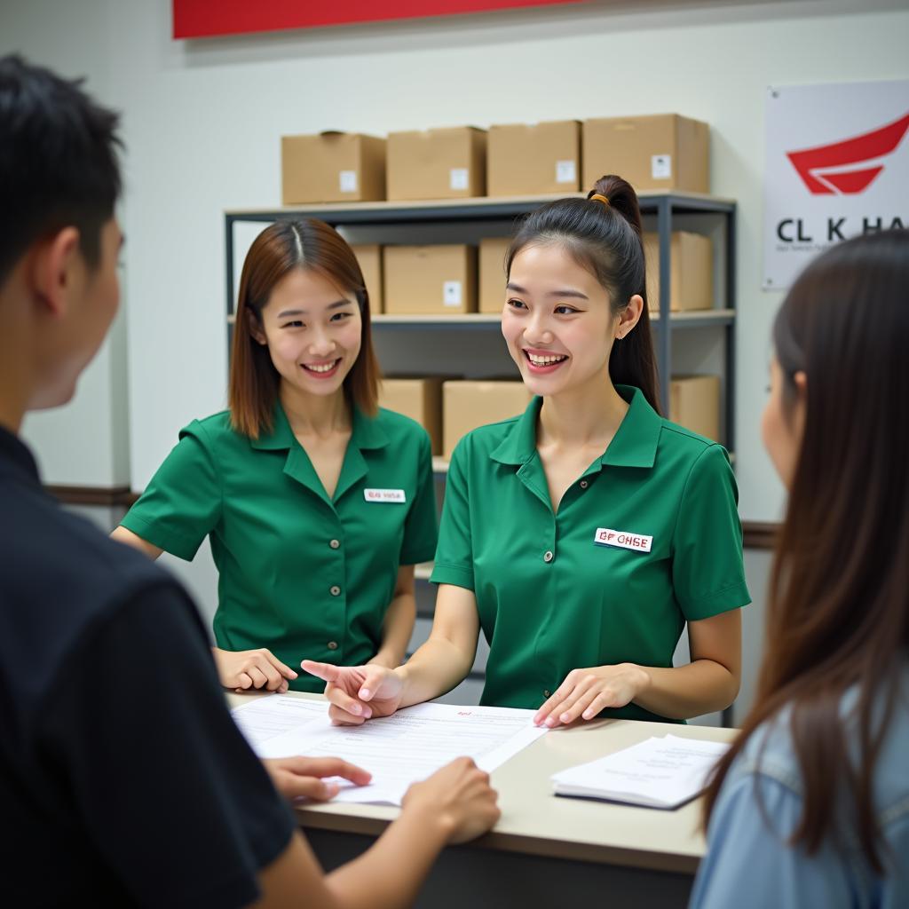 Nhân viên Giao hàng Tiết Kiệm tại Hưng Hà đang tận tình hỗ trợ một khách hàng đóng gói và làm thủ tục gửi hàng COD