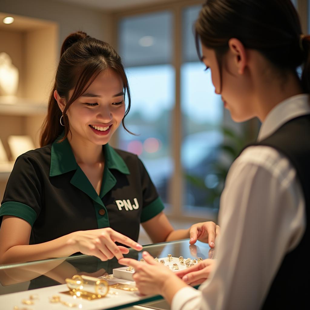 Nhân viên PNJ Biên Hòa đang tư vấn tận tình cho khách hàng về mẫu trang sức vàng tại cửa hàng 97 Đường 30/4