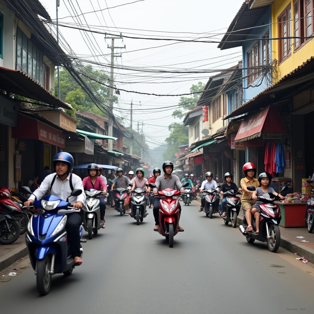 Hình ảnh một con đường chính sầm uất tại Phường Bá Xuyên, Tỉnh Thái Nguyên, với các cửa hàng và người dân đi lại.
