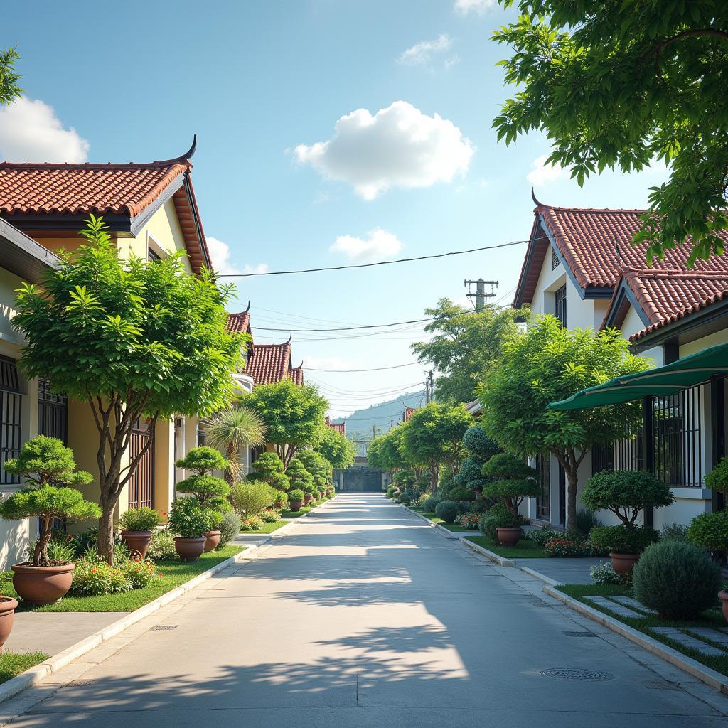 Hình ảnh nhịp sống bình dị tại xã Việt Tiến, huyện Văn Giang, tỉnh Hưng Yên với những ngôi nhà và con đường làng xanh mát.
