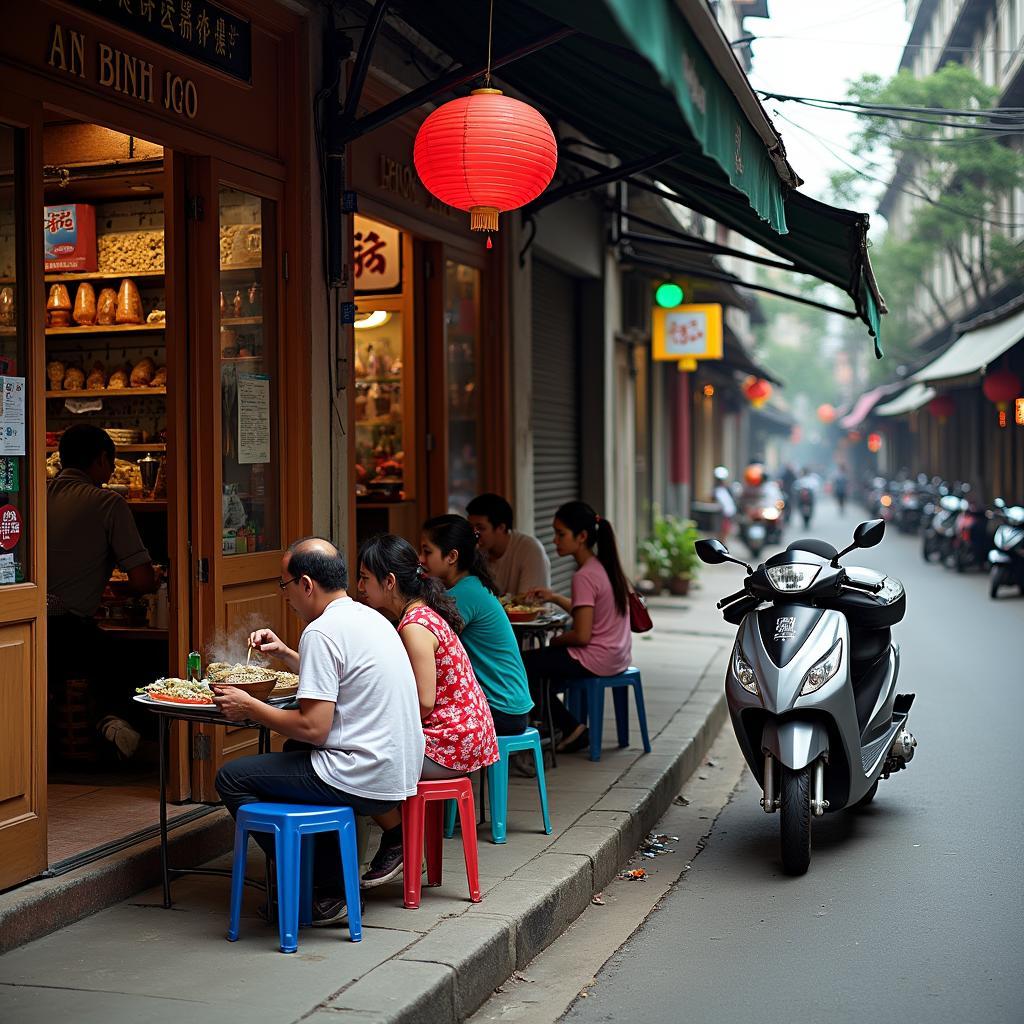 Nhịp sống đời thường trên Đường An Bình, Quận 5 với các cửa hàng và quán ăn mang đậm phong cách Chợ Lớn.