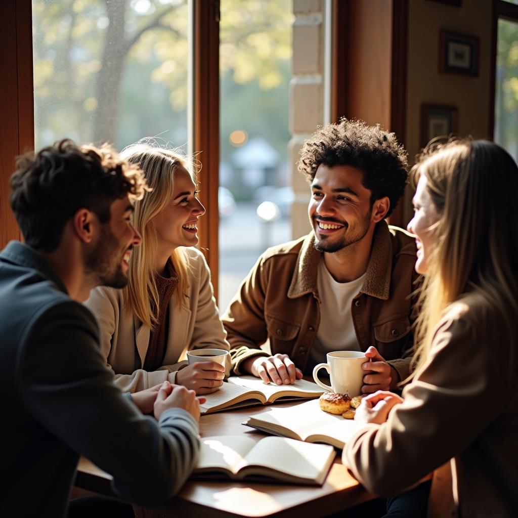 Nhóm bạn bè đang cùng nhau tổ chức buổi đọc sách trong một quán cà phê có không gian ấm cúng và thân mật