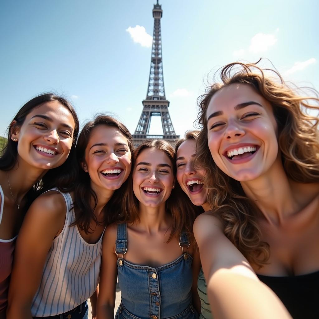 Nhóm bạn bè du học sinh đa quốc tịch vui vẻ chụp ảnh kỷ niệm tại một quảng trường ở Paris, thể hiện tình bạn không biên giới.