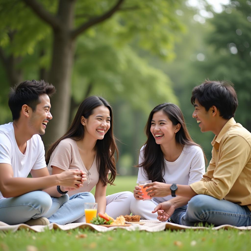 Nhóm bạn bè nam nữ gặp gỡ và tham gia hoạt động ngoài trời sau khi làm quen qua ứng dụng hỗ trợ giao lưu bạn khác giới.