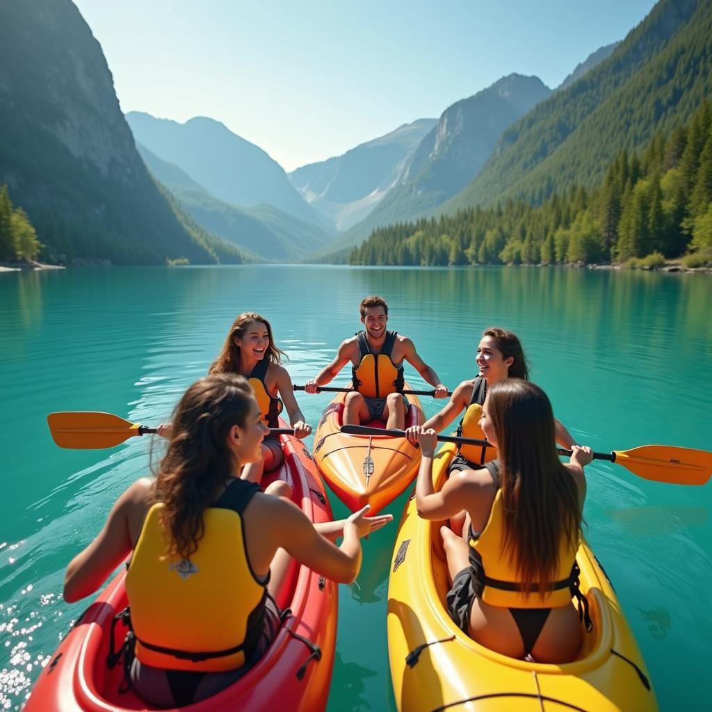 Nhóm bạn thân cùng nhau chèo thuyền kayak trên hồ trong ngày Friendship Day đầy ý nghĩa
