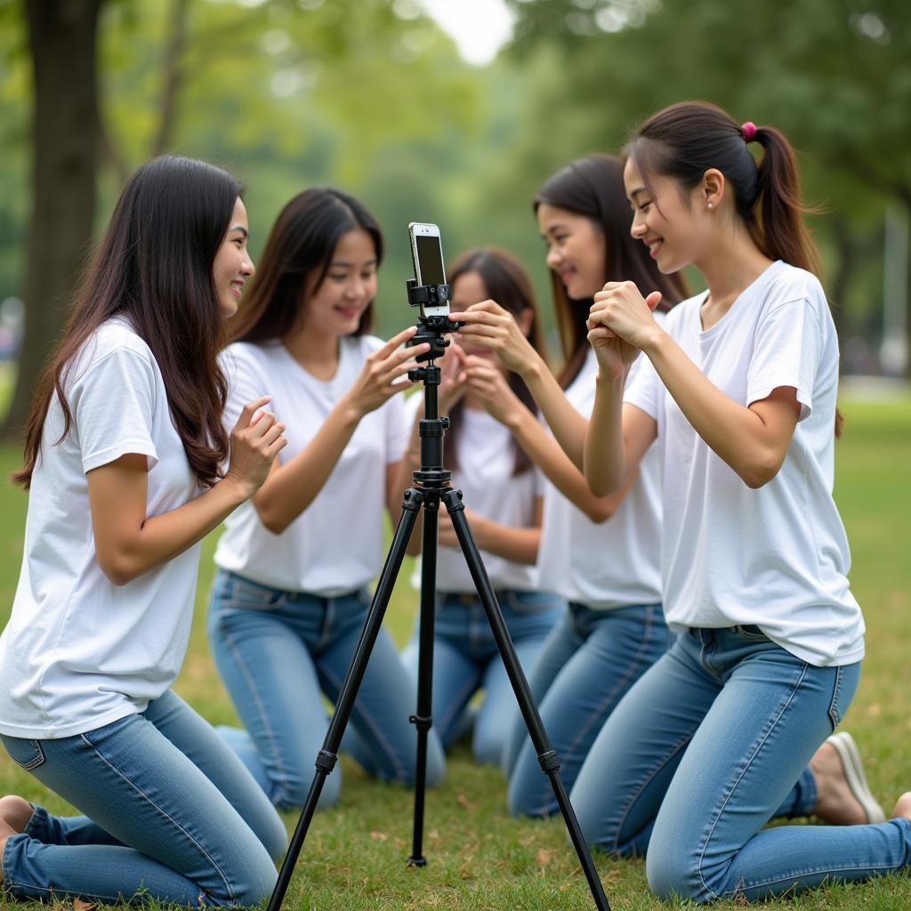 Một nhóm bạn đang set up điện thoại trên tripod để chuẩn bị quay video nhảy TikTok, trang phục đã được phối hợp theo concept chung.