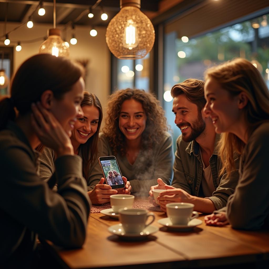Một nhóm bạn cũ ở độ tuổi 30 đang gặp lại nhau tại một quán cà phê ấm cúng, họ cùng nhau xem lại ảnh cũ trên điện thoại và cười nói vui vẻ.