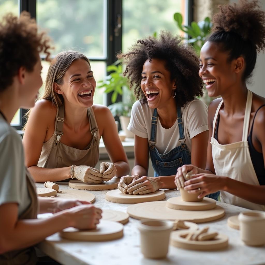 Một nhóm bạn thân đang cùng nhau tham gia một buổi workshop làm gốm, tạo nên những món quà trải nghiệm đáng nhớ