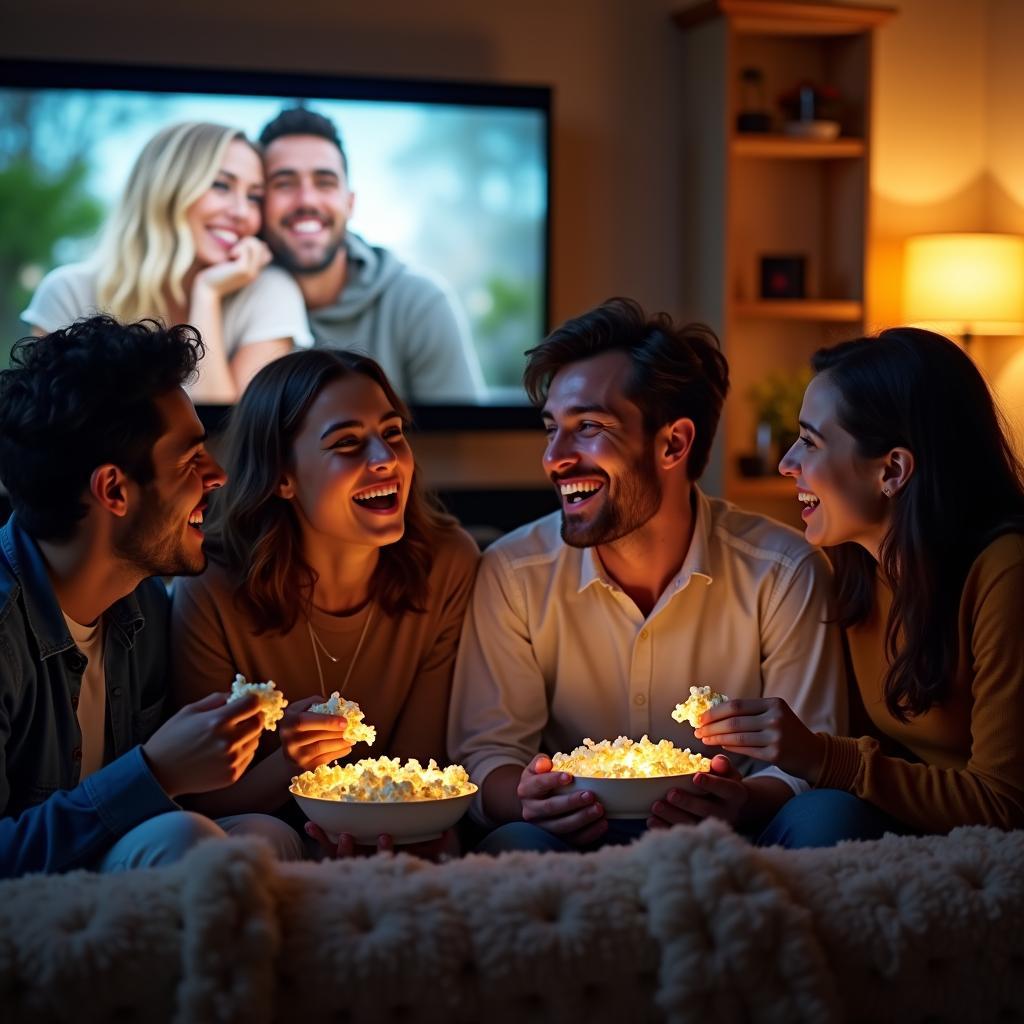 Một nhóm bạn thân đang tụ tập cùng nhau xem series Netflix về tình bạn trên TV trong phòng khách ấm cúng.