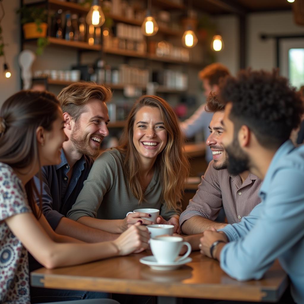 Nhóm bạn đa dạng đang cười đùa vui vẻ trong quán cà phê, trong đó có một cặp đôi từng yêu nhau nay là bạn bè, thể hiện sự hòa nhập và tình bạn lành mạnh sau chia tay.
