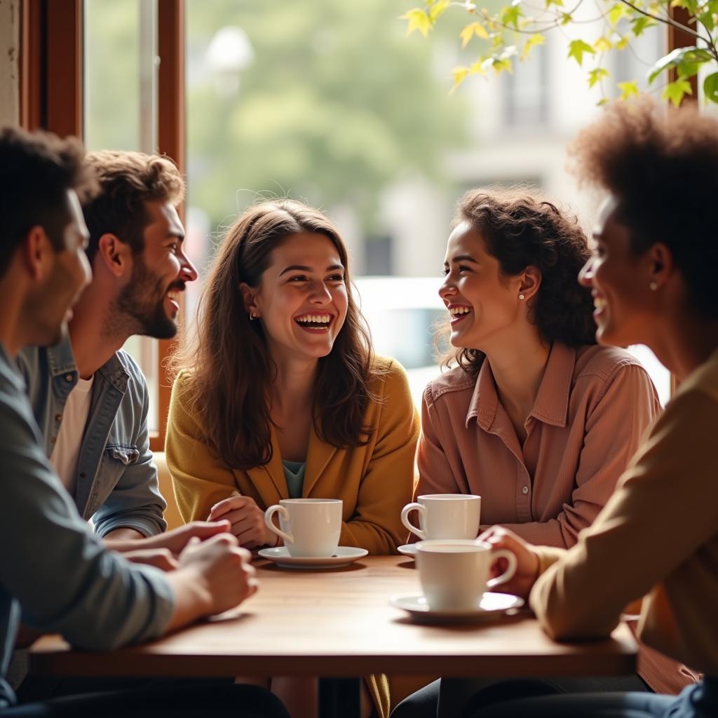 Một nhóm bạn đa quốc tịch đang ngồi trò chuyện vui vẻ trong quán cà phê, thể hiện sự giao lưu văn hóa và tình bạn quốc tế
