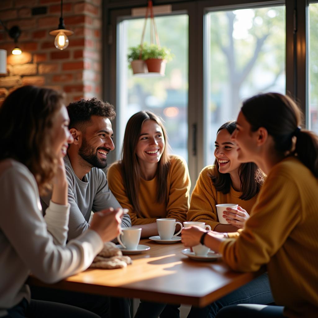Một nhóm bạn đa quốc tịch đang ngồi cùng nhau trong một quán cà phê, tươi cười rạng rỡ và trò chuyện thân mật, thể hiện sự kết nối và tình bạn không biên giới.