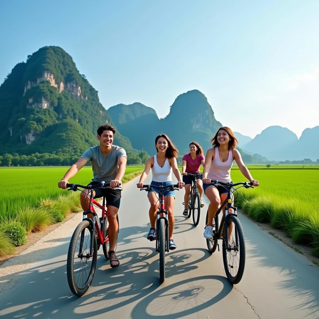 Hình ảnh nhóm bạn thân cùng nhau đạp xe trên con đường làng tuyệt đẹp tại Tràng An, Ninh Bình, gần Friendships Homestay.