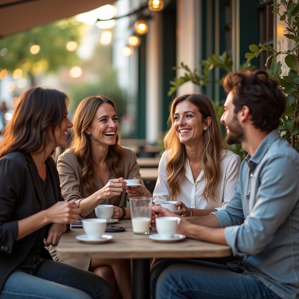 Nhóm bạn đồng nghiệp cùng nhau uống cà phê và trò chuyện vui vẻ, giúp duy trì tình bạn công sở lâu dài.