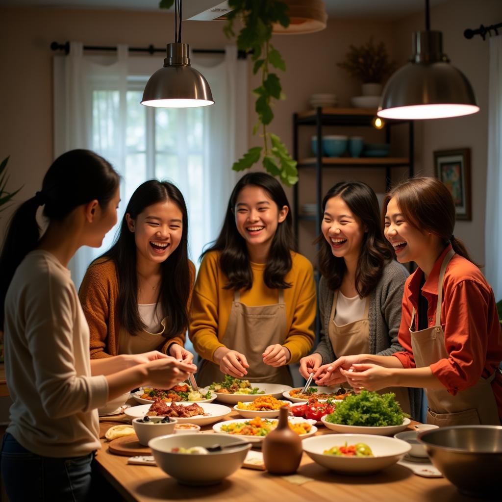 Một nhóm bạn du học sinh Việt Nam đang cùng nhau nấu ăn và cười nói vui vẻ trong một căn bếp ấm cúng