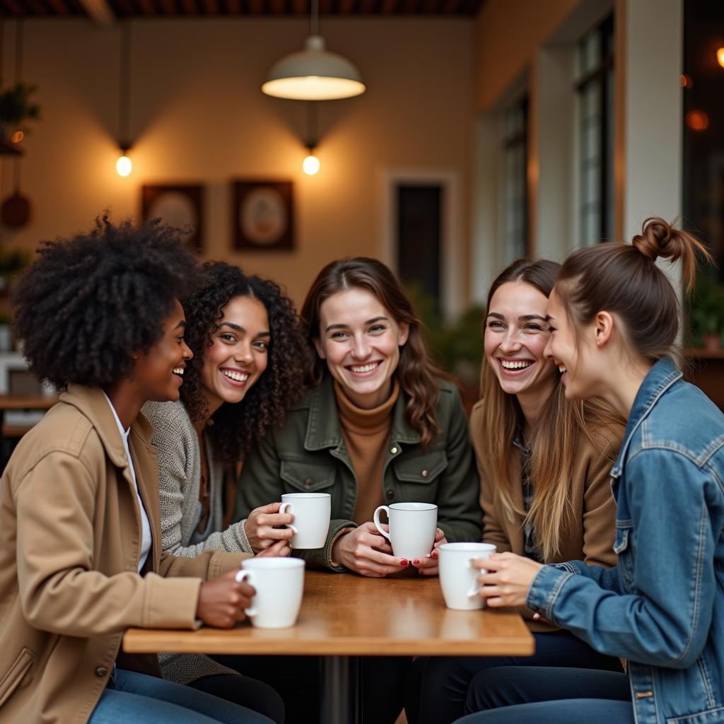 Một nhóm bạn trẻ đa dạng đang cười nói vui vẻ tại một quán cà phê ấm cúng, biểu trưng cho việc chuyển đổi thành công từ tình bạn qua Twitter DM sang gặp gỡ ngoài đời thực.