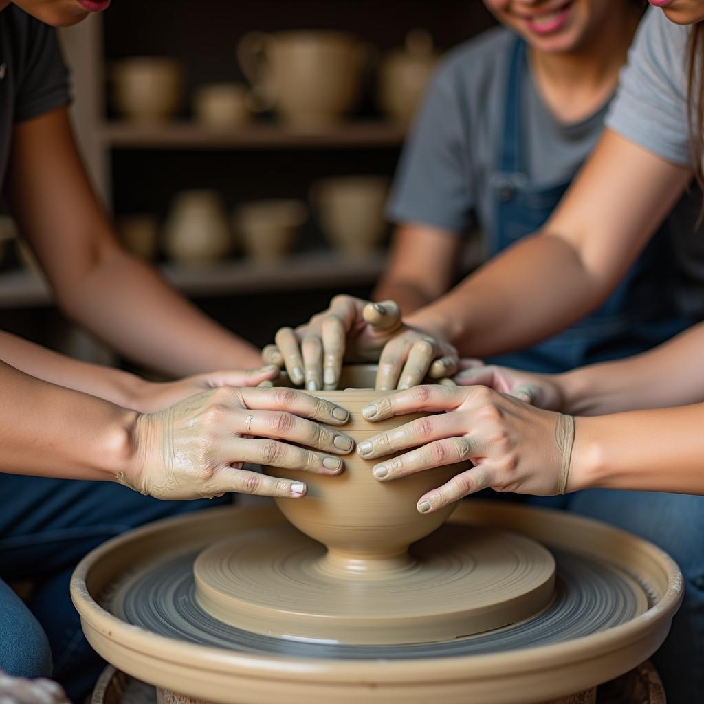Một nhóm bạn trẻ đang vui vẻ học làm gốm tại làng Bát Tràng, đây là một hoạt động trong tour văn hóa cùng bạn.