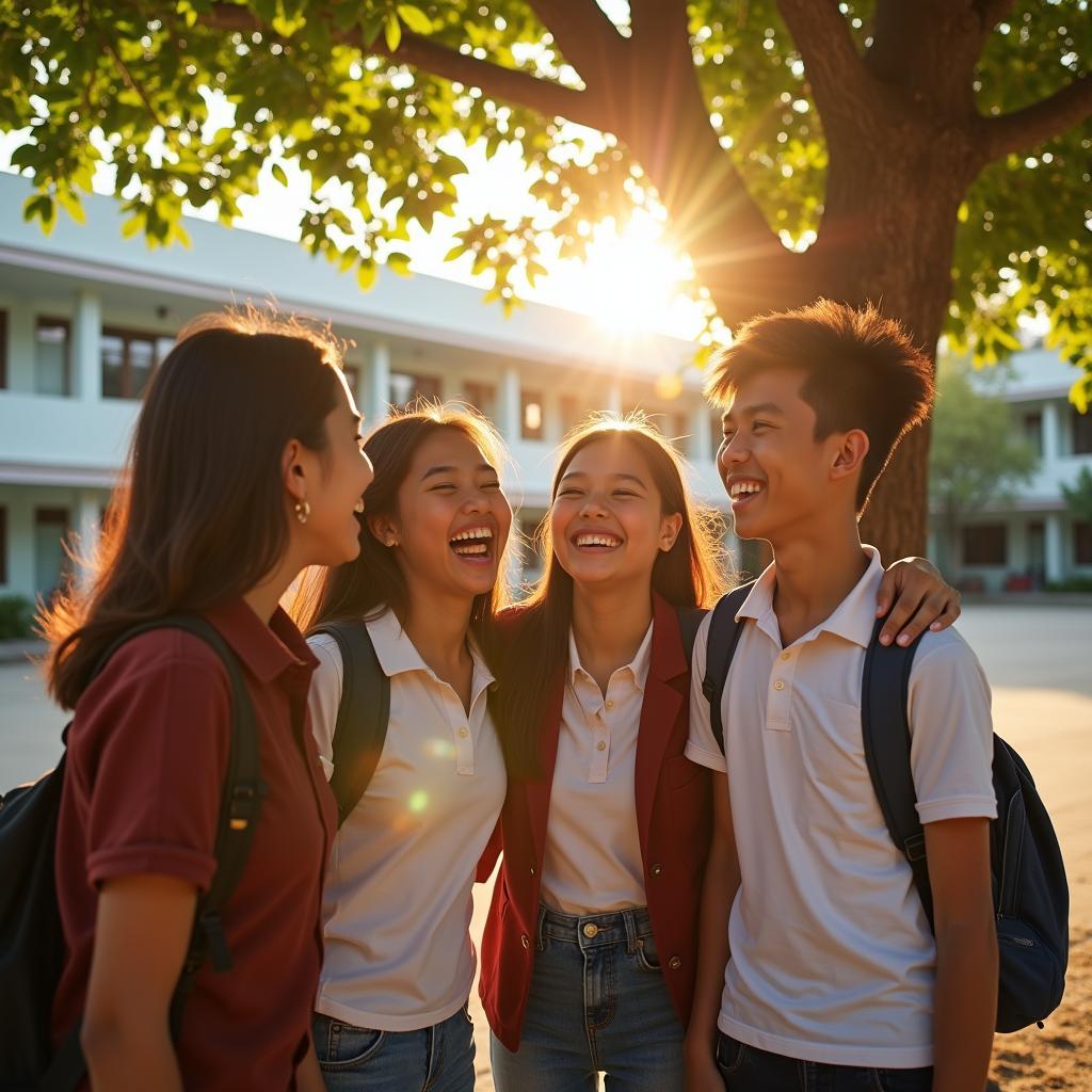 Một nhóm bạn học sinh nam nữ đang cười đùa vui vẻ dưới tán cây phượng trong sân trường ngập nắng, thể hiện tình bạn tuổi học trò trong sáng và hồn nhiên.