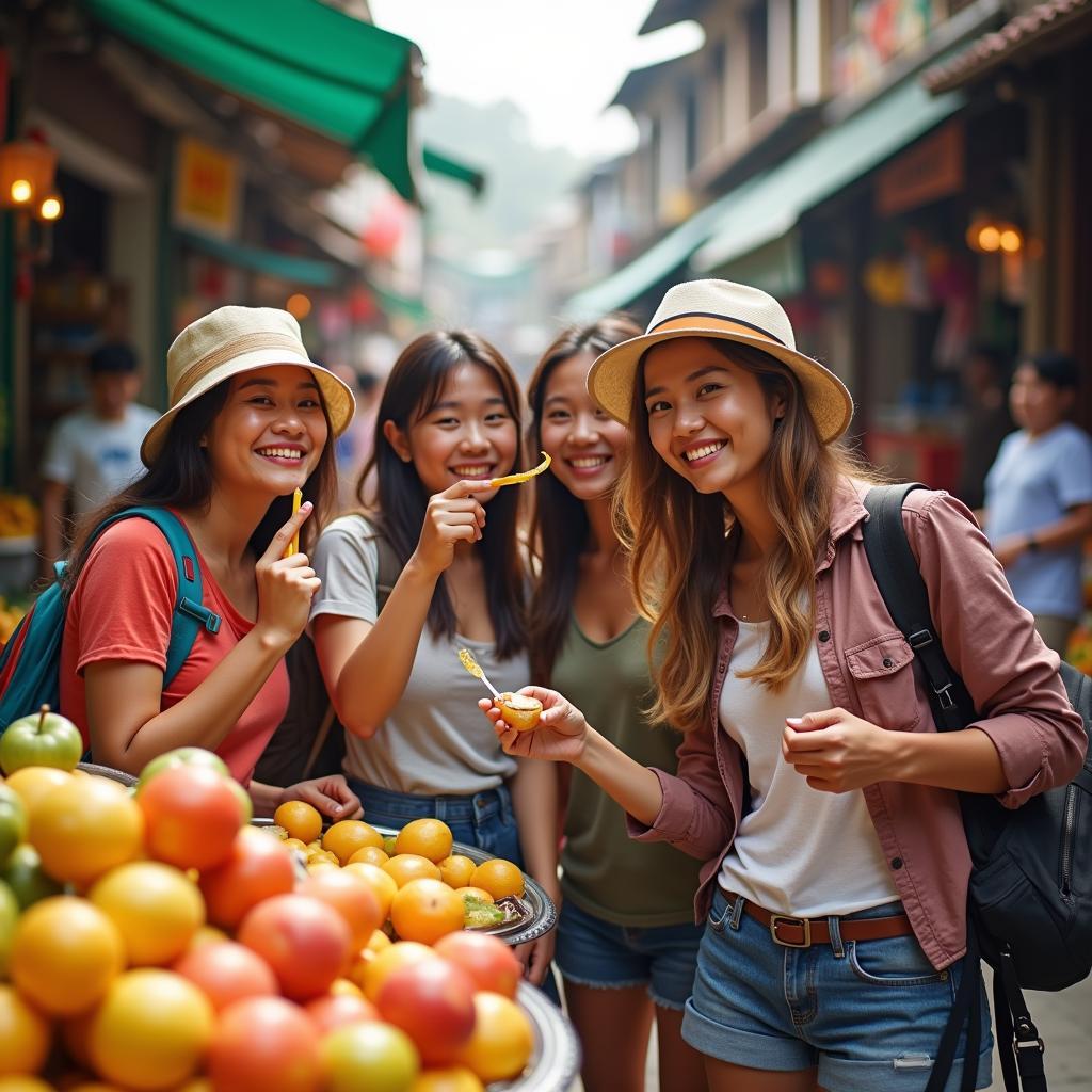 Nhóm bạn trẻ vui vẻ khám phá một khu chợ địa phương đầy màu sắc ở Việt Nam, cùng nhau thử các món ăn đường phố và chụp ảnh kỷ niệm