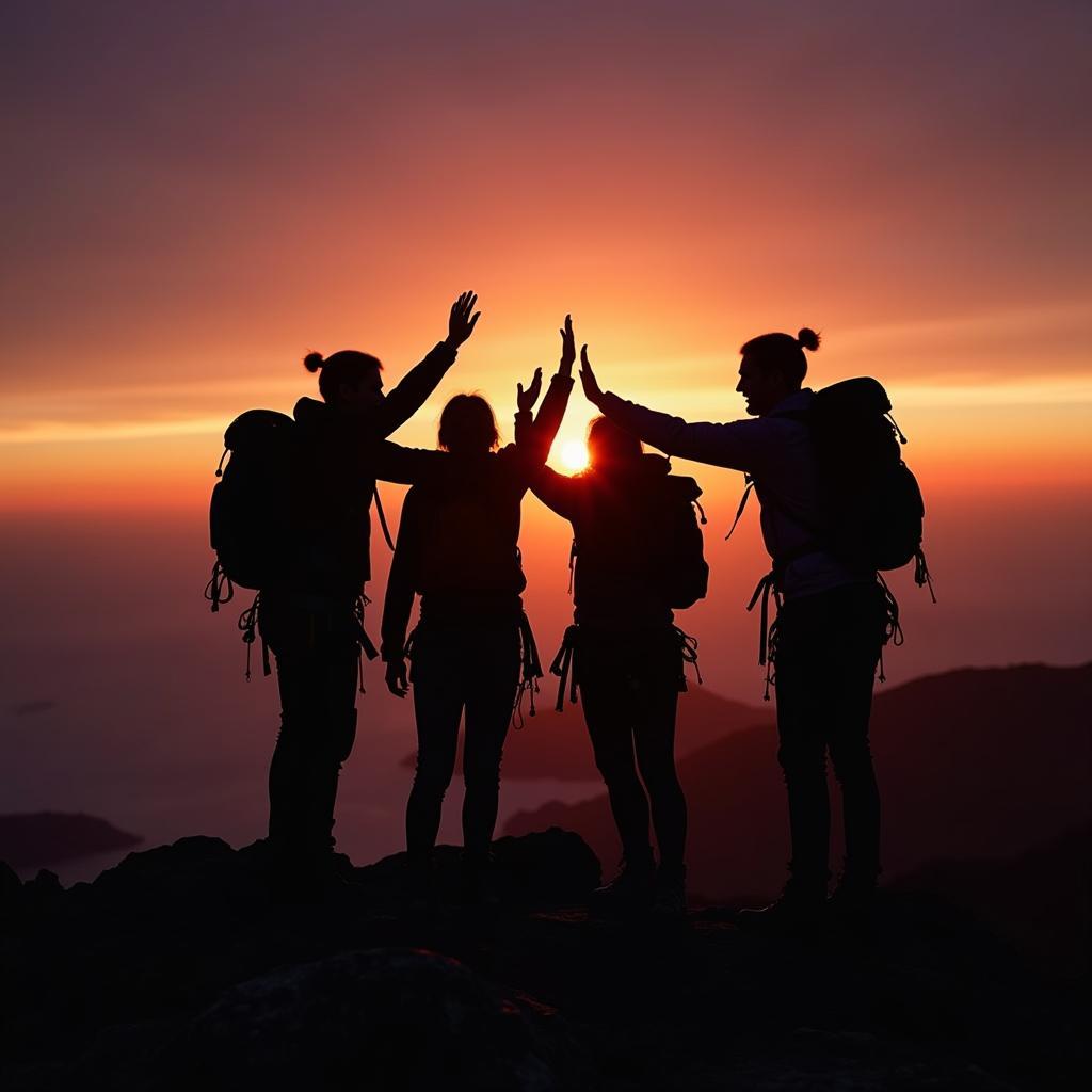 Nhóm bạn đồng hành cùng nhau chinh phục đỉnh núi, thể hiện tình bạn và tinh thần đồng đội qua việc chia sẻ khoảnh khắc chiến thắng lúc bình minh.