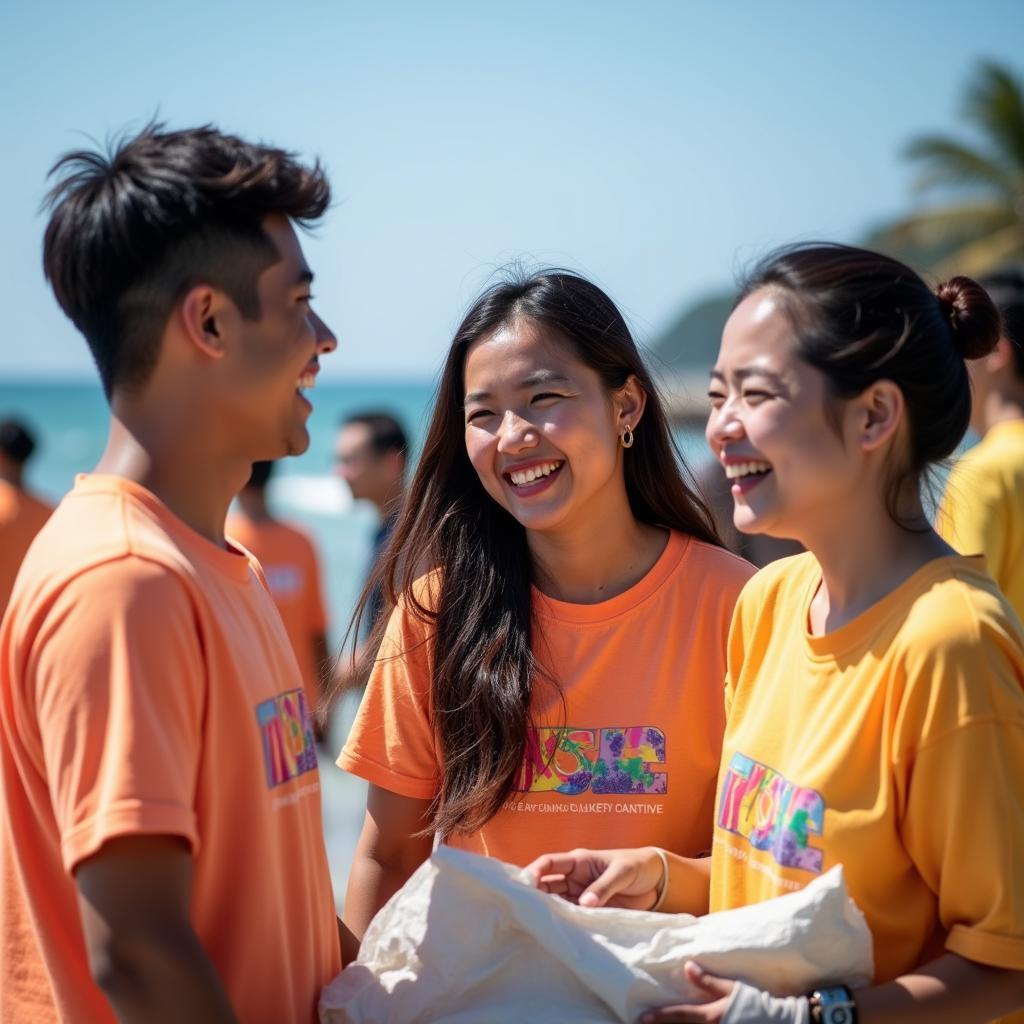 Nhóm bạn LGBTQ+ đa dạng đang cùng nhau tham gia hoạt động tình nguyện dọn dẹp bãi biển, thể hiện sự kết nối và niềm vui