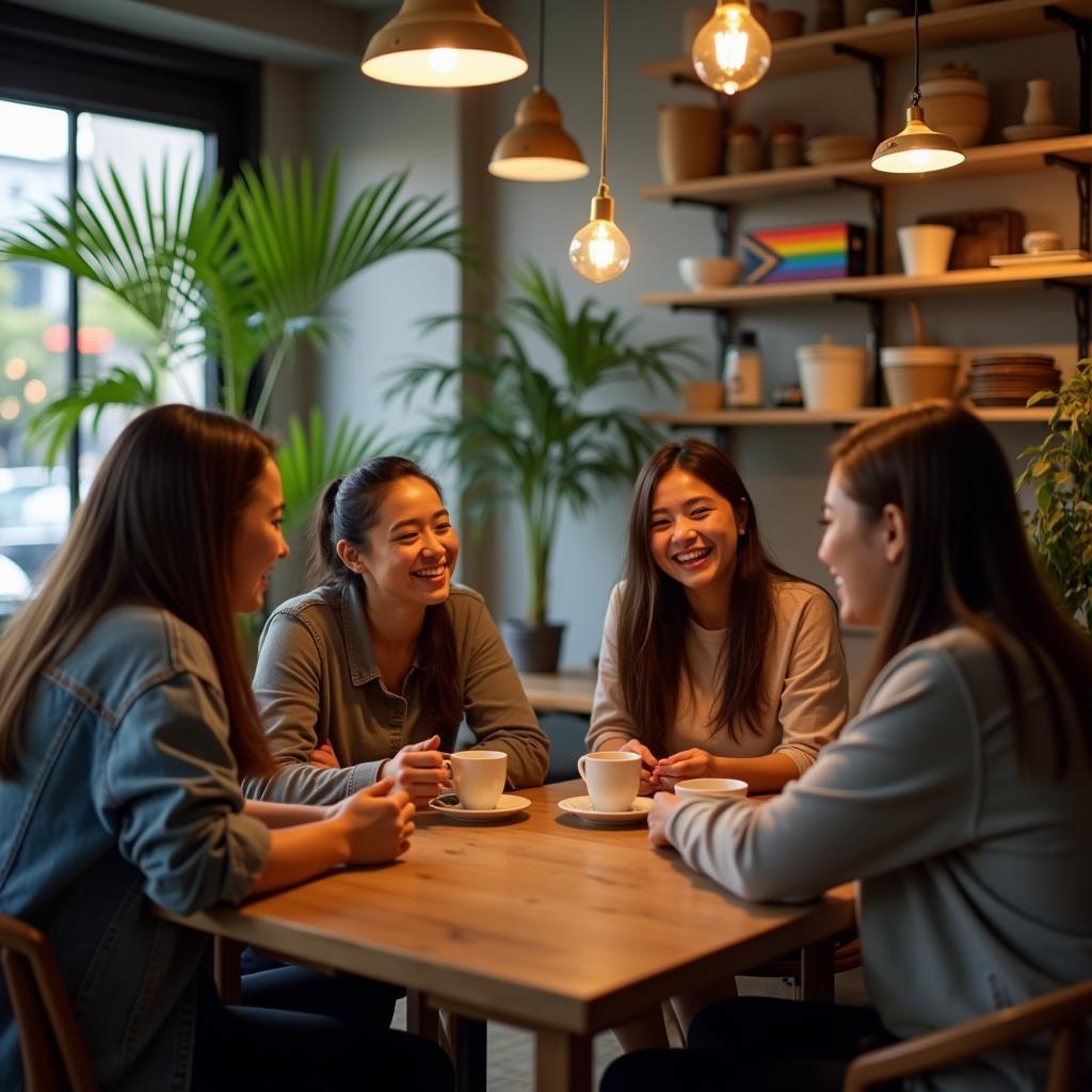 Nhóm bạn bè LGBTQ+ Việt Nam đang trò chuyện, cười đùa trong một quán cà phê là không gian an toàn.