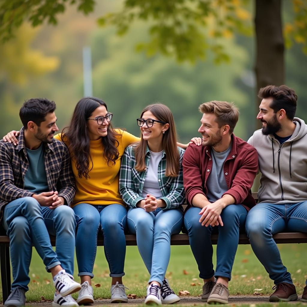 Một nhóm bạn đa dạng gồm người LGBTQ+ và đồng minh đang ngồi trong công viên, trò chuyện và cười nói vui vẻ, thể hiện một không gian an toàn và tình bạn gắn kết.