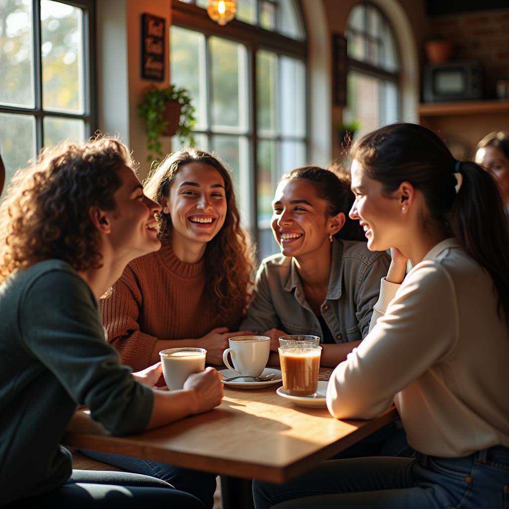 Một nhóm bạn trẻ LGBTQ+ đa dạng đang ngồi trò chuyện và cười nói vui vẻ trong một quán cà phê ấm cúng, thể hiện sự kết nối và không gian an toàn