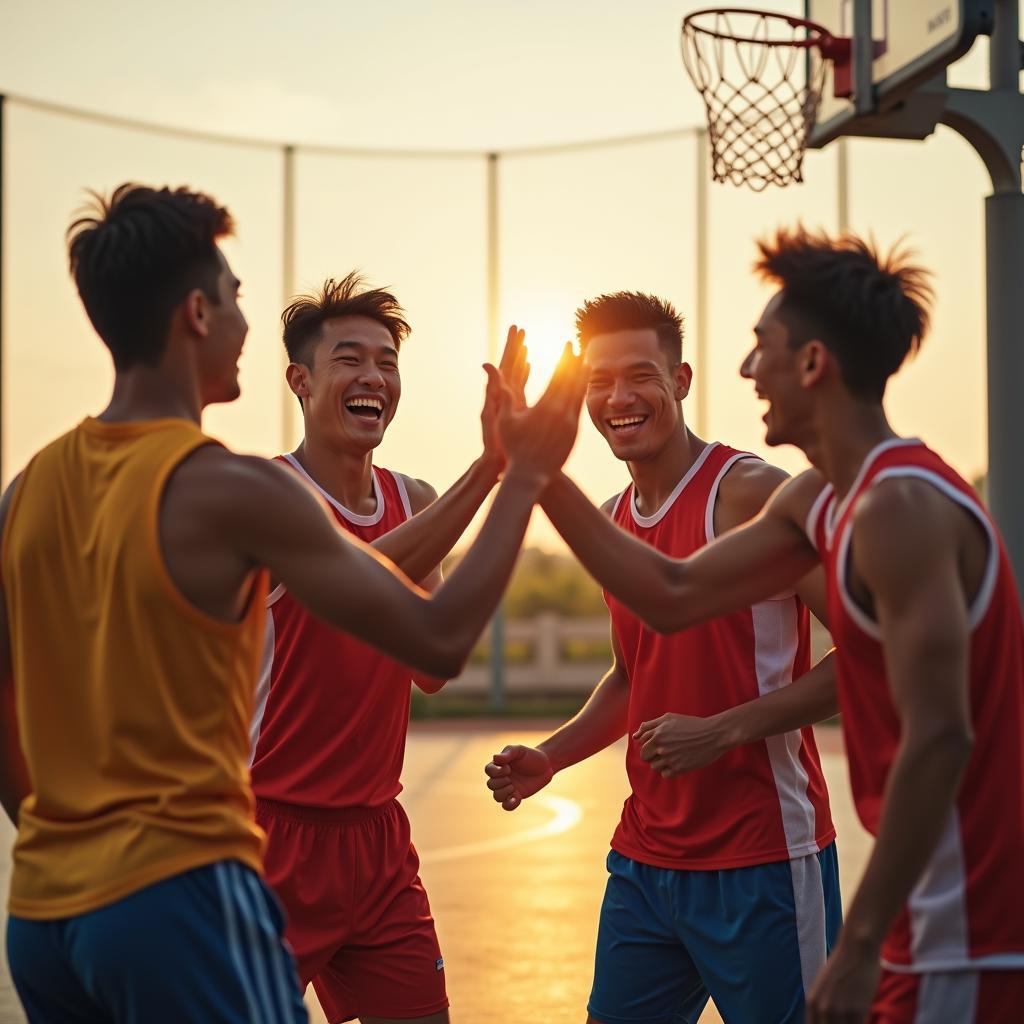 Một nhóm bạn nam đang cùng nhau chơi bóng rổ, thể hiện sự gắn kết và niềm vui trong tình bạn nam giới, một cách để mở lòng tự nhiên.