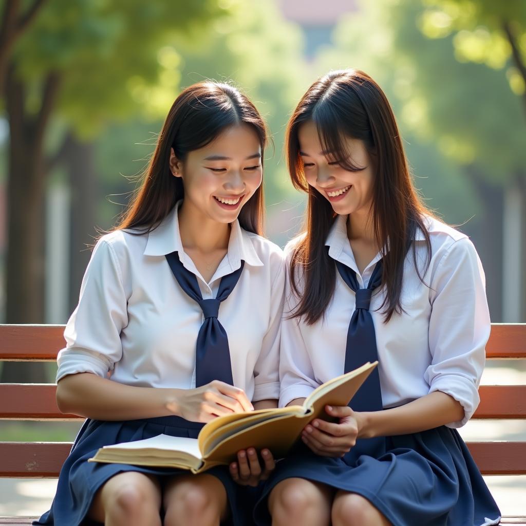 Hai bạn nam và nữ học sinh đang ngồi cùng nhau trong sân trường, cùng xem sách và cười nói vui vẻ dưới ánh nắng chiều.