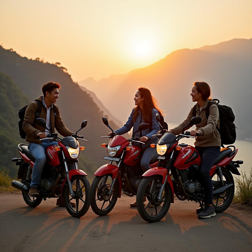 Hình ảnh nhóm bạn thân trong chuyến Friendships trải nghiệm xe máy trên một cung đường đèo hùng vĩ, thể hiện sự gắn kết và niềm vui khám phá.