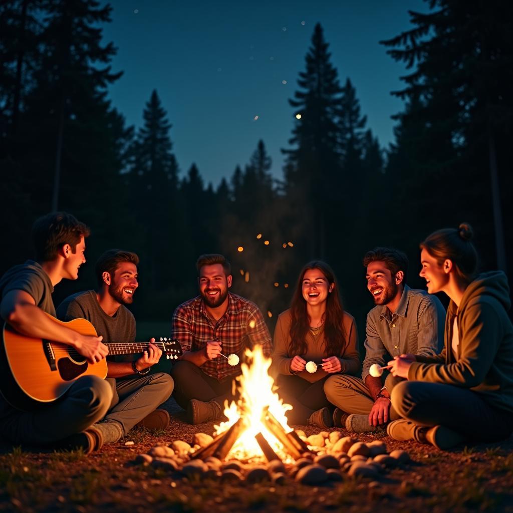 Nhóm bạn thân đang vui vẻ quây quần bên đống lửa trại, một người chơi guitar và mọi người cùng hát theo.
