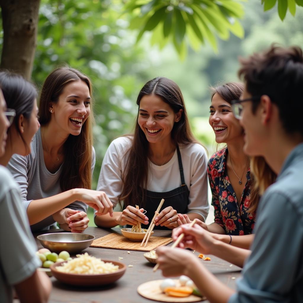 Một nhóm bạn đa quốc tịch cùng nhau tham gia hoạt động giao lưu văn hóa, thể hiện tình bạn xuyên biên giới.