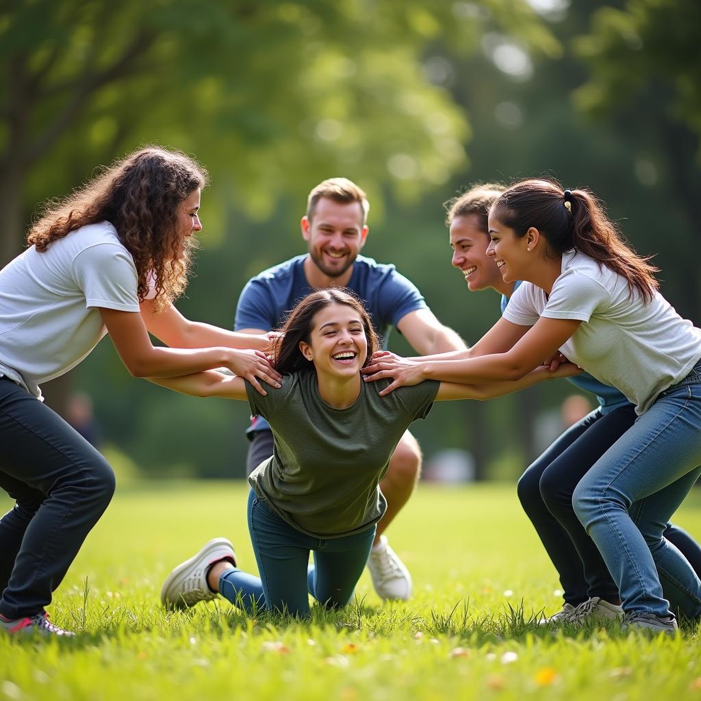 Một nhóm bạn thân đang thực hiện hoạt động trust fall để xây dựng niềm tin và gắn kết tình bạn ngoài trời