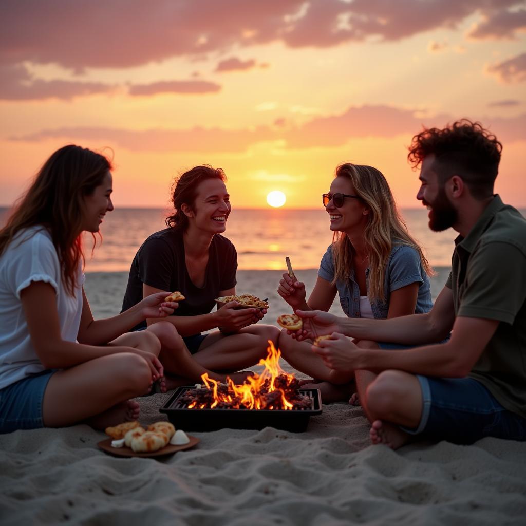 Một nhóm bạn thân đang ngồi trên bãi cát, cùng nhau ăn hải sản và cười nói rôm rả trong ánh hoàng hôn của một chuyến du lịch biển.