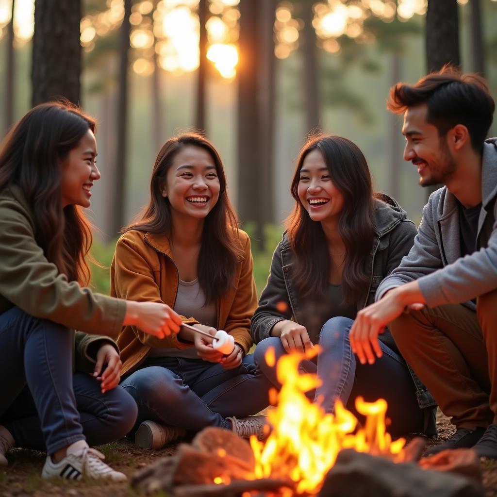 Nhóm bạn bè thân thiết đang cùng nhau cắm trại và nướng BBQ trong một buổi chiều mùa thu ấm áp, thể hiện sự gắn kết và vui vẻ.