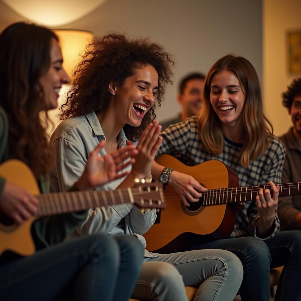 Nhóm bạn thân đang cùng nhau chơi guitar và hát hò vui vẻ trong buổi giao lưu âm nhạc tại gia