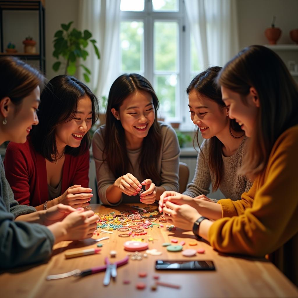 Nhóm bạn thân đang cùng nhau tổ chức workshop DIY tại nhà, không khí vui vẻ và sáng tạo với nhiều nguyên vật liệu làm đồ thủ công