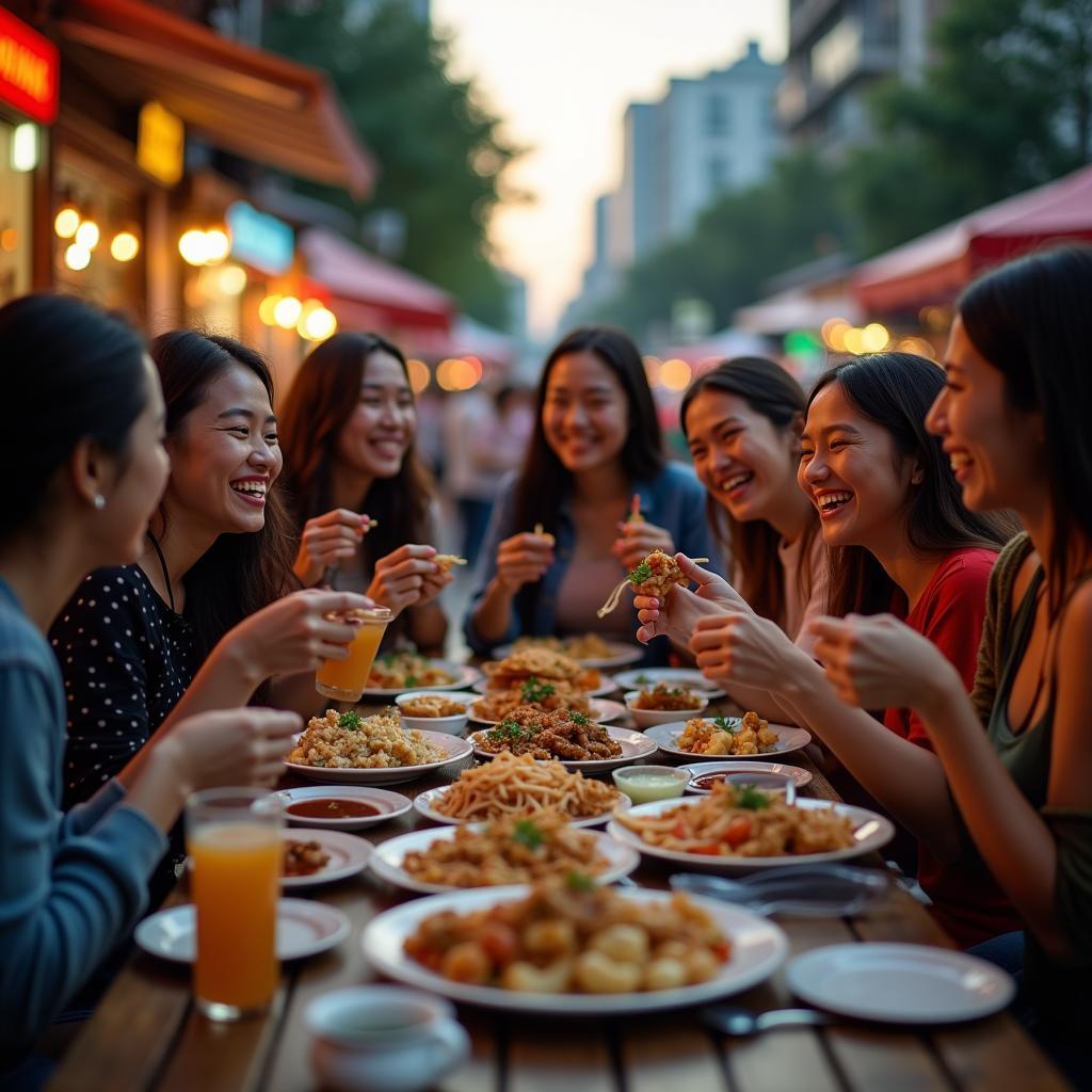 Một nhóm bạn thân đang vui vẻ thưởng thức các món ăn đường phố, cùng nhau tạo nên những kỷ niệm tình bạn đáng nhớ qua chuyến food tour.