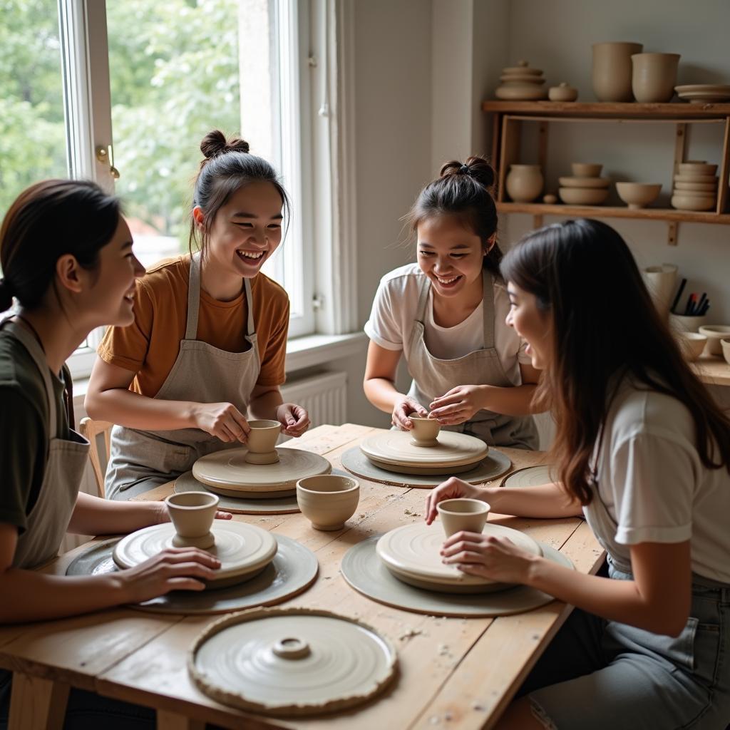 Hình ảnh nhóm bạn thân đang vui vẻ tham gia workshop làm gốm cùng nhau, một hoạt động gắn kết tình bạn tuyệt vời.