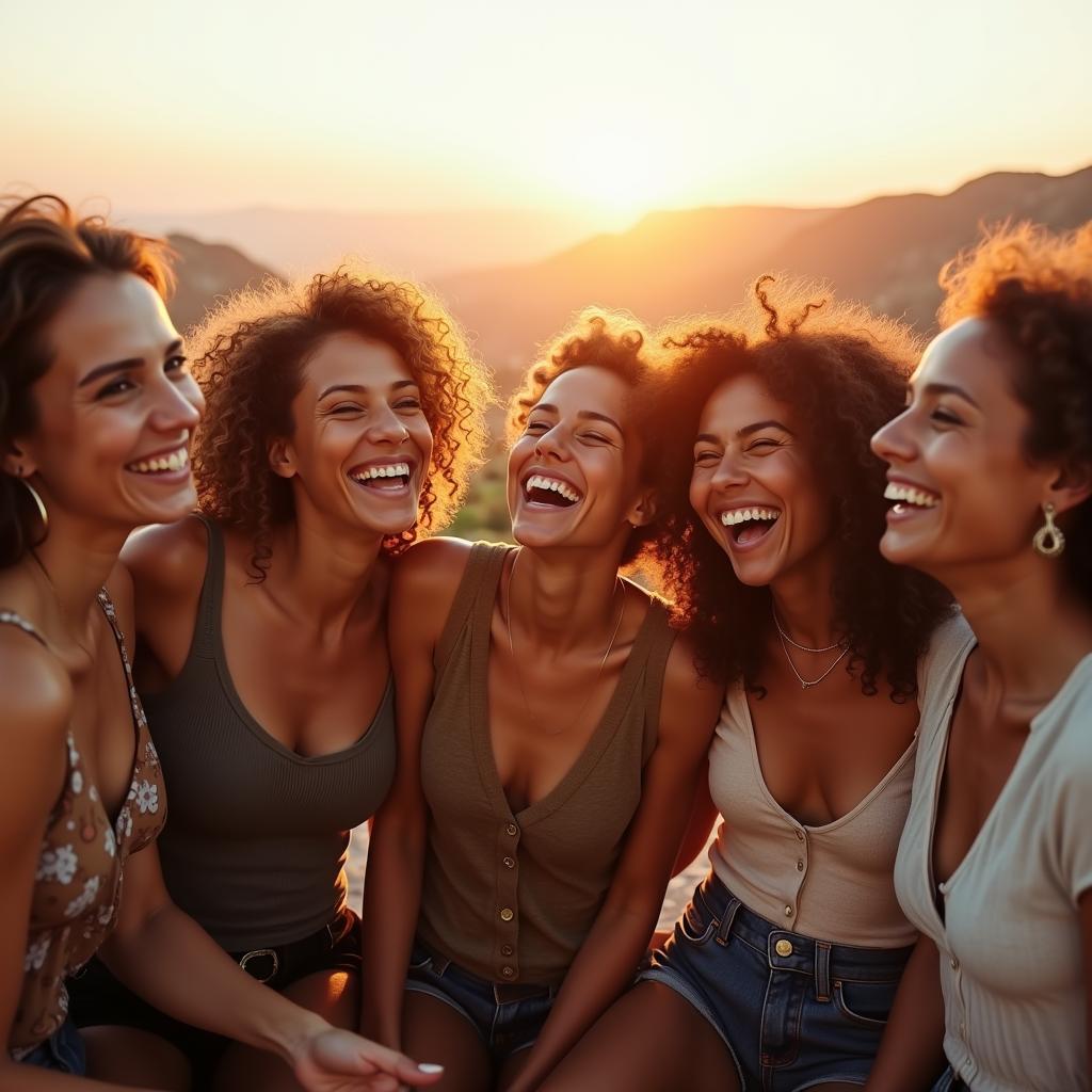 Một nhóm bạn thân đang cùng nhau cười đùa vui vẻ trong một chuyến đi, biểu tượng cho việc xây dựng tình bạn không điều kiện.