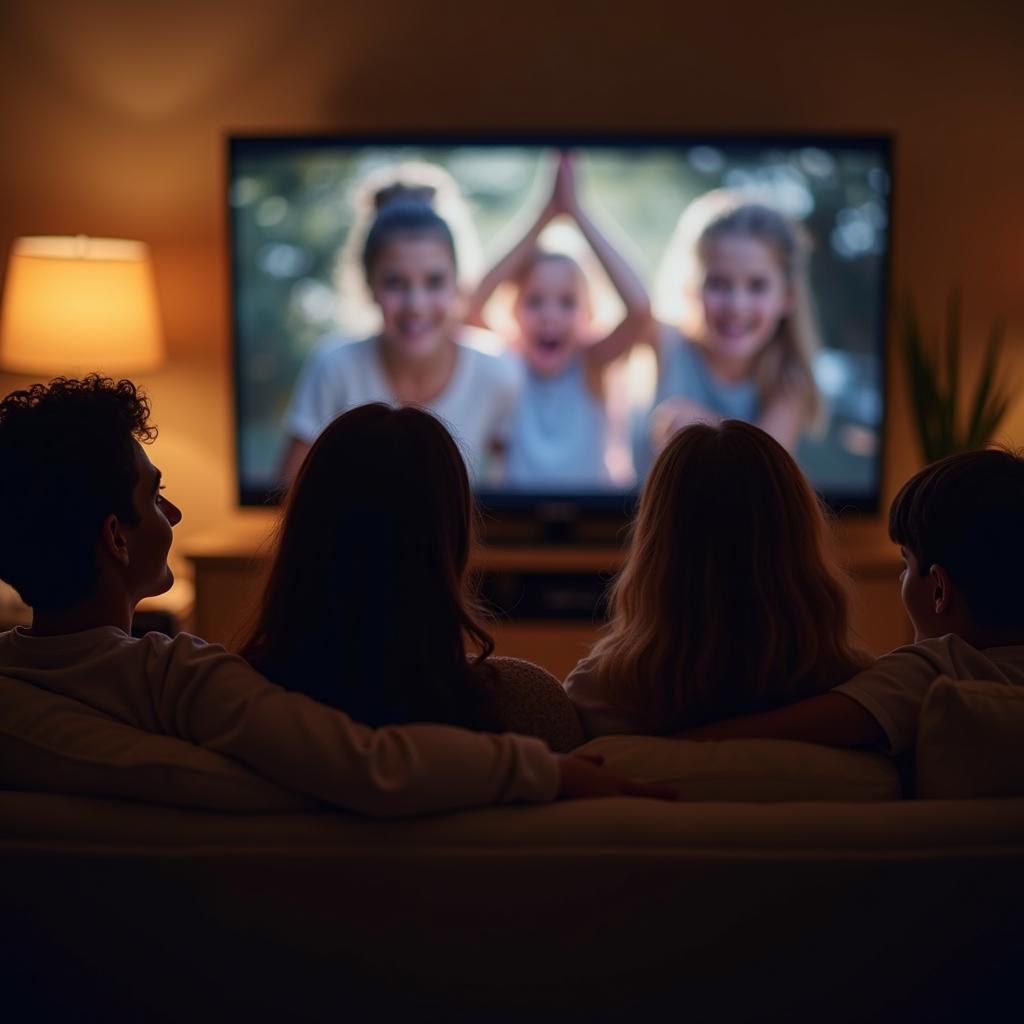 Một nhóm bạn thân đang ngồi trên sofa, cùng nhau xem một MV ý nghĩa về ngày tình bạn trên TV, không khí ấm cúng và đầy cảm xúc