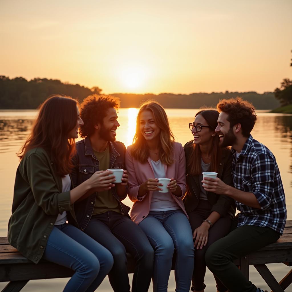 Hai nhóm bạn thân đang ngồi trò chuyện và cười đùa vui vẻ bên bờ hồ trong một buổi chiều hoàng hôn ấm áp, thể hiện tình bạn bền chặt lâu dài.