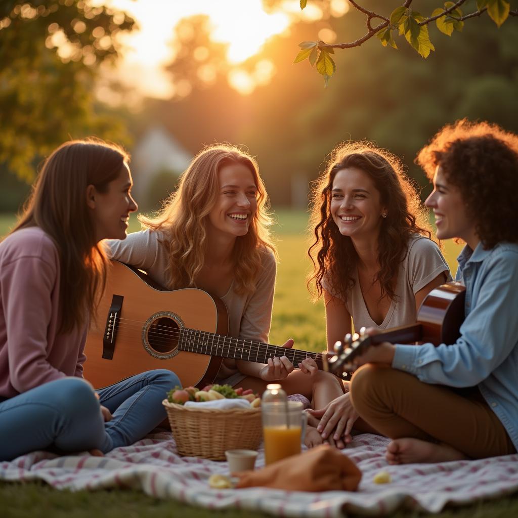 Nhóm bạn thân đang cùng nhau đi dã ngoại, chơi guitar và trò chuyện vui vẻ, một hoạt động tuyệt vời để nuôi dưỡng tình bạn tại địa phương.