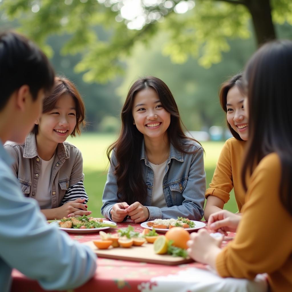 Một nhóm bạn bè đa dạng đang cùng nhau tham gia hoạt động ngoài trời, nhấn mạnh tầm quan trọng của việc mở rộng vòng tròn xã hội.