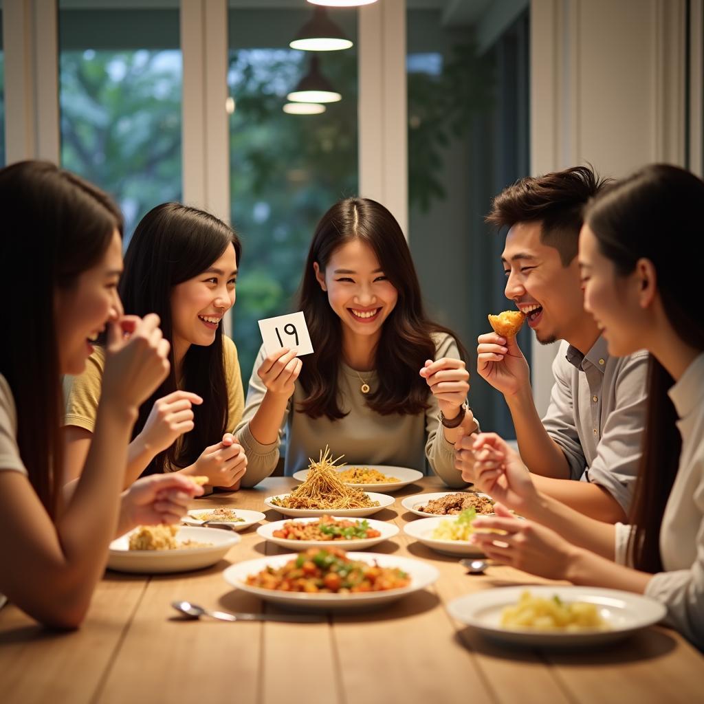 Một nhóm bạn bè đang vui vẻ chấm điểm các món ăn trong một cuộc battle nấu ăn cùng bạn thân tại nhà, tạo nên những kỷ niệm đáng nhớ.